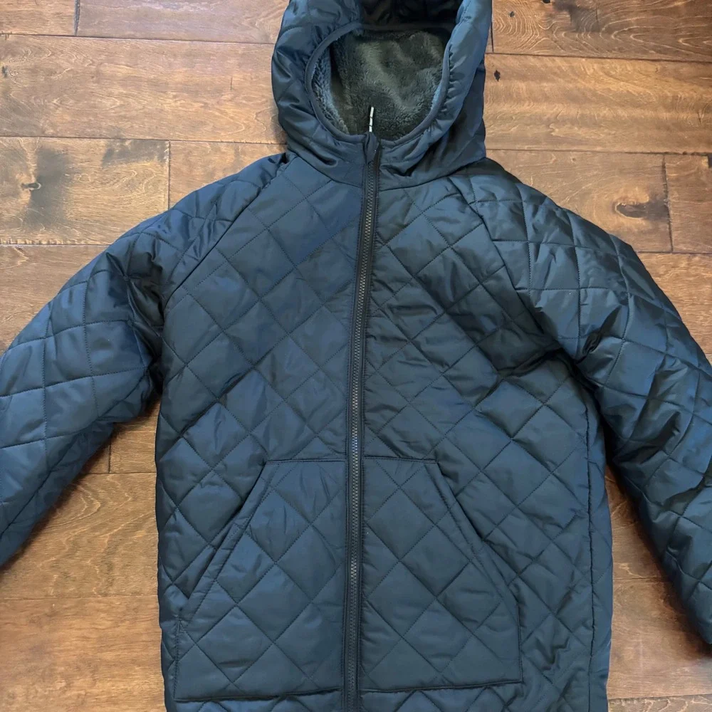 Cat & Jack Boys XL 14 Quilted Puffer Jacket Navy Blue Faux Fur Lined Hooded Coat